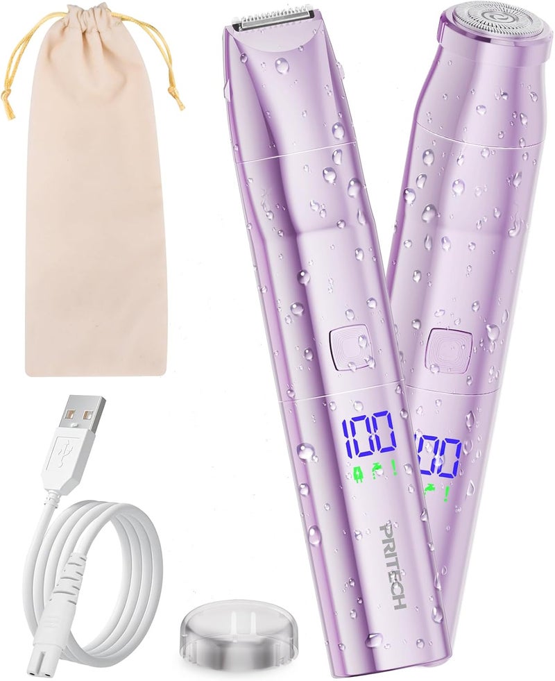 pritech Bikini Trimmer for Women 2 in 1 Electric Razor for Women Face - Wet and Dry Electric Lady Shaver, Smooth Facial Hair Remover and Body Hair Trimmer for Bikini Leg Underarm Face Private Area, Purple - Image 1